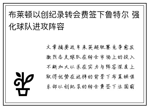 布莱顿以创纪录转会费签下鲁特尔 强化球队进攻阵容